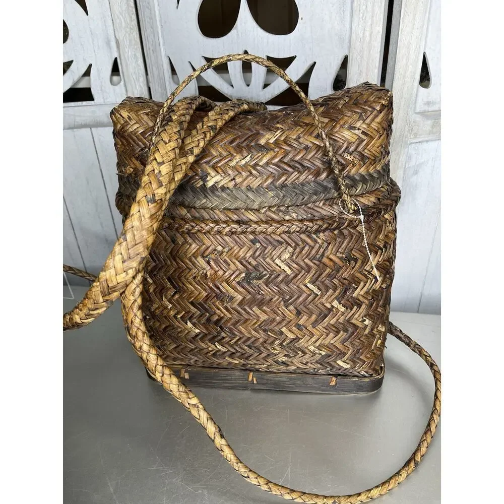 Vintage Filipino Rattan Woven Brown Wicker Wood Gathering Basket Backpack